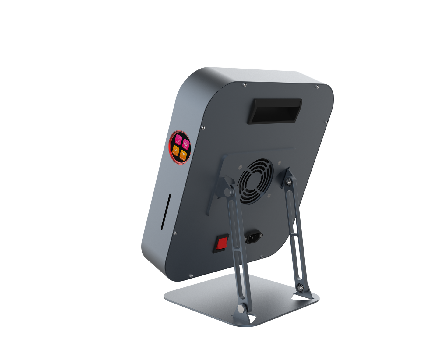 Backside of the device with a fan and control buttons on a white background