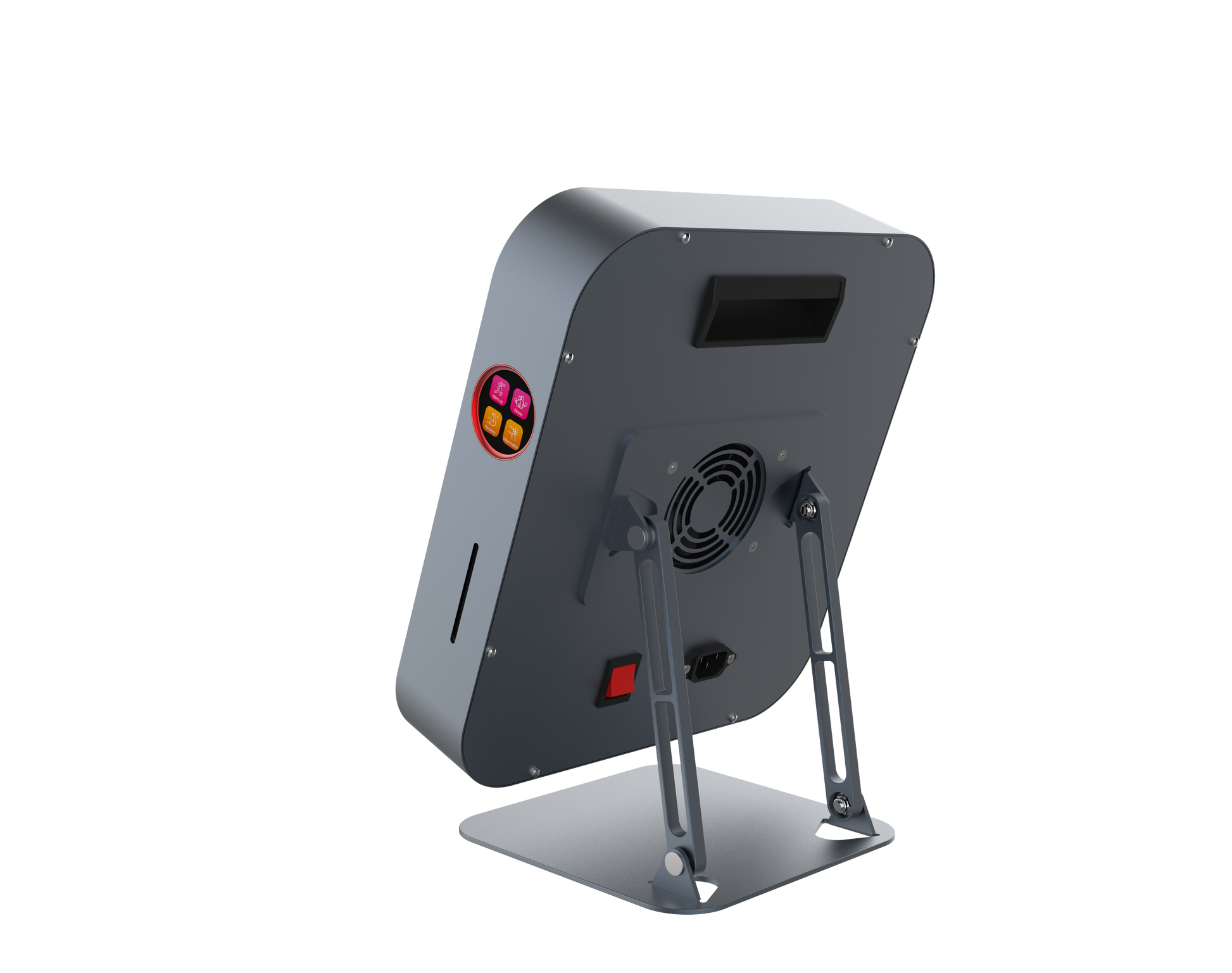 Backside of the device with a fan and control buttons on a white background