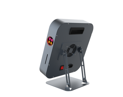 Backside of the device with a fan and control buttons on a white background