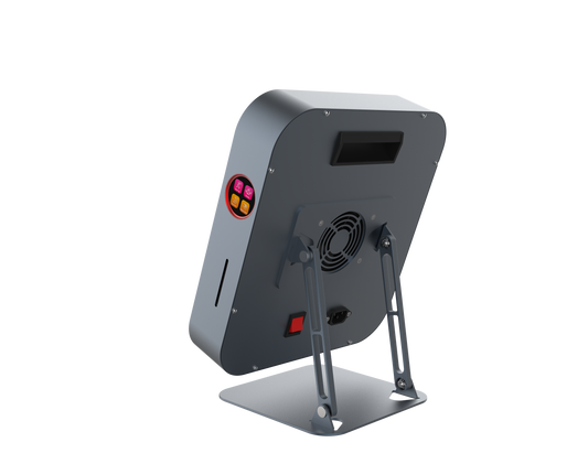 Backside of the device with a fan and control buttons on a white background